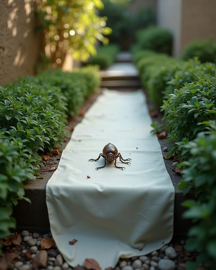 Close view of a flat sheet of silk spanning a gap between a garden wall and dense low foliage with a narrow funnel