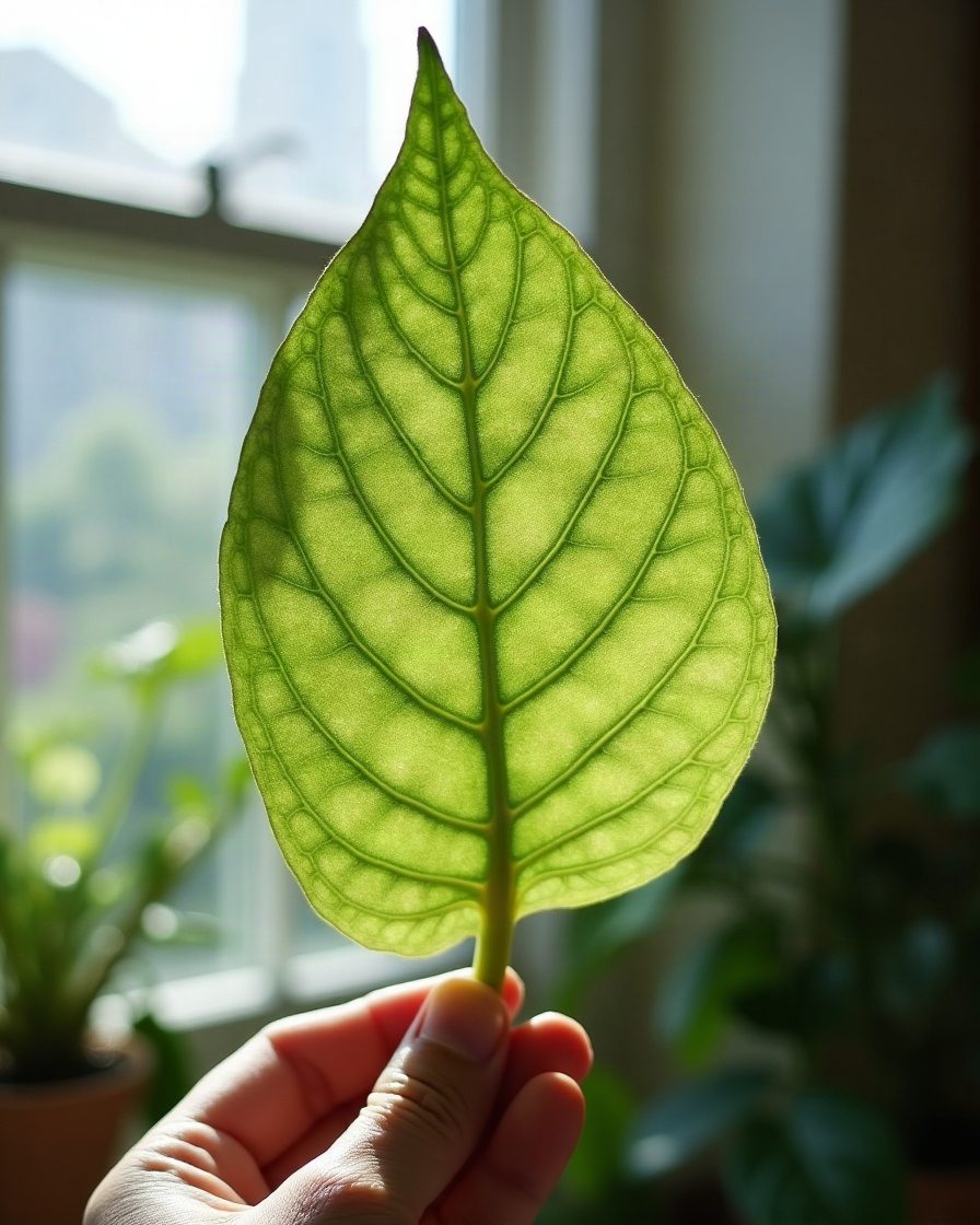 An underside of a houseplant leaf held toward a window showing fine pale stippling and faint webbing between the