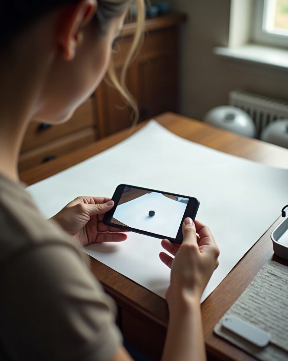 A phone held over a white sheet of paper on a kitchen table photographing a small dark speck, hands steady