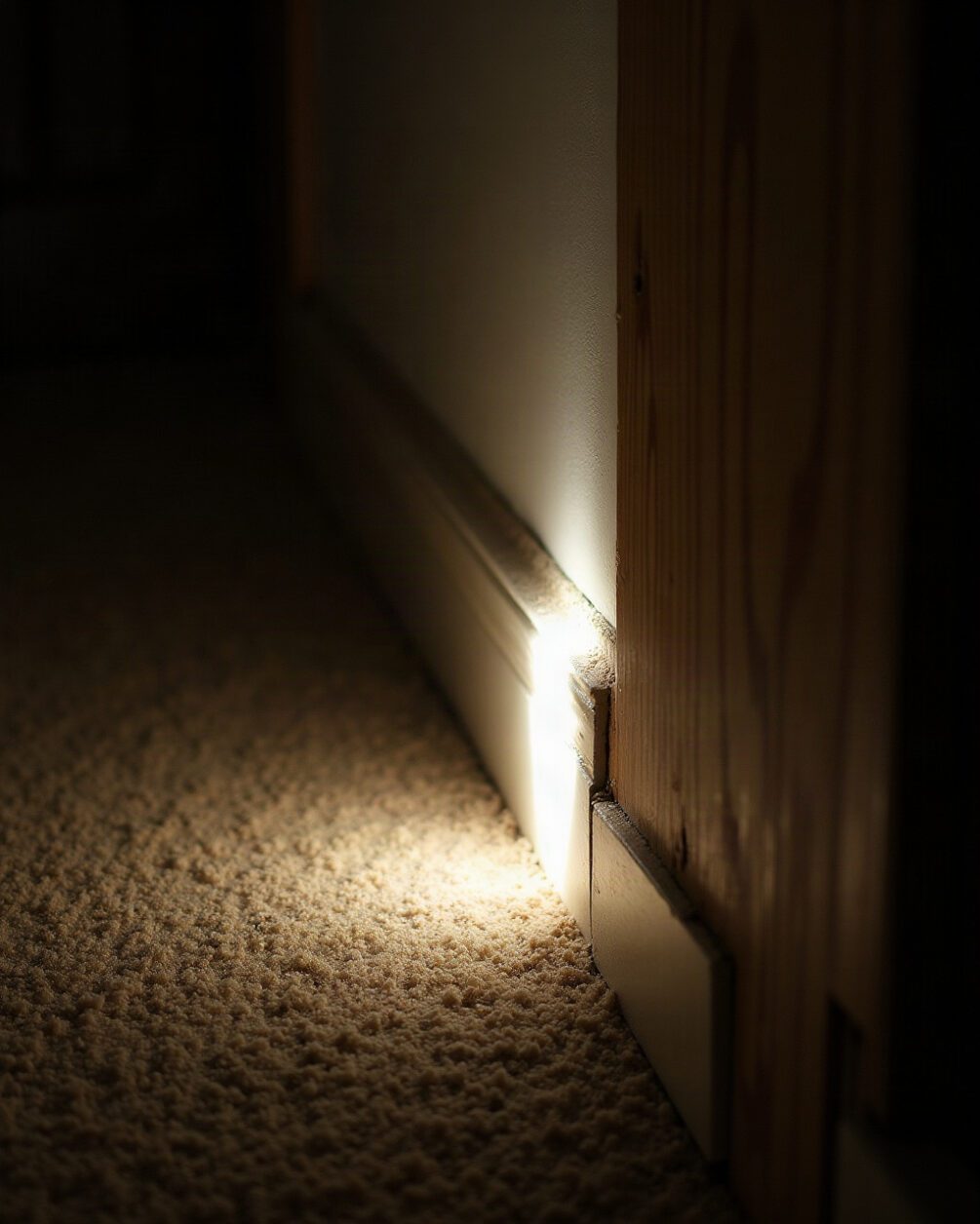 A torch beam raking along a skirting board and carpet junction in a lit hallway, dust visible in the pile