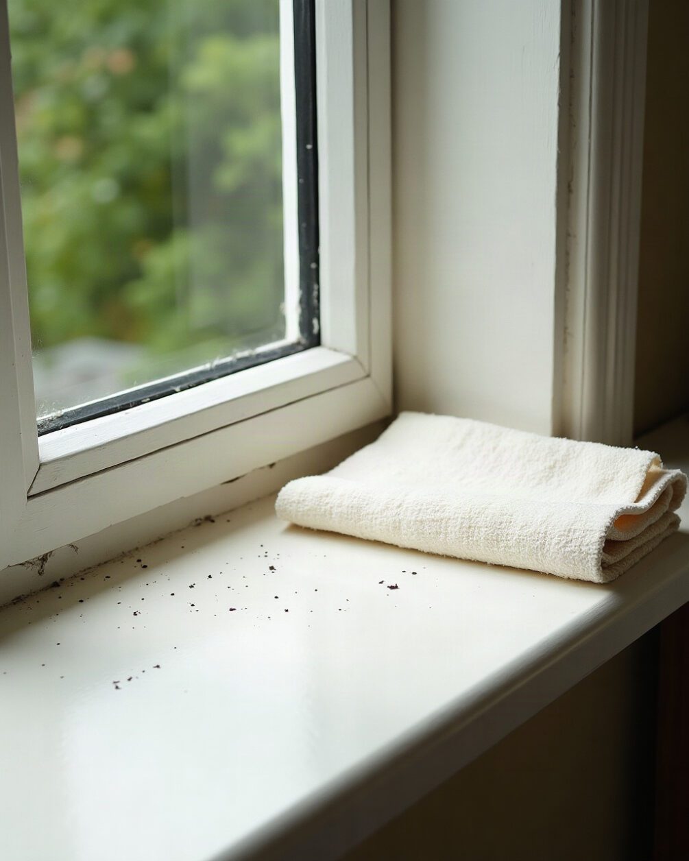 Pale windowsill in bright daylight with a few small dark specks along the paint line and a folded paper towel