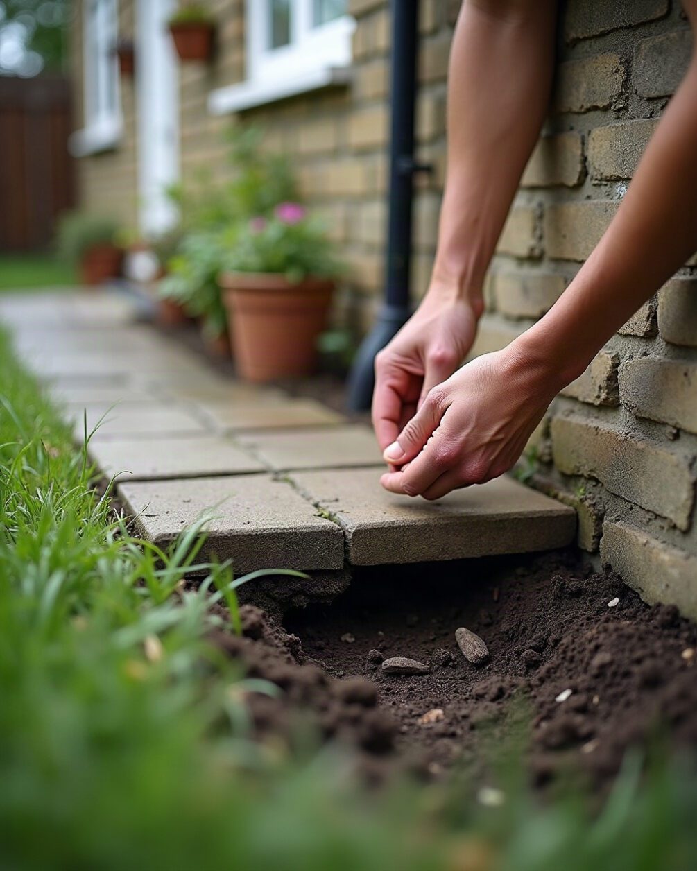 Hands lifting the edge of a paving slab beside a house wall to reveal dark damp soil beneath
