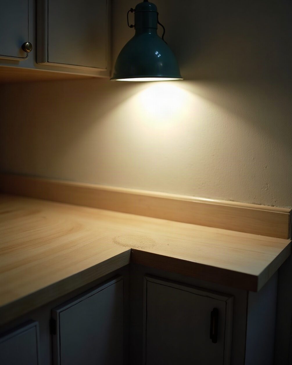 Kitchen worktop and skirting junction under a torch beam, a fine trail of dust along the edge