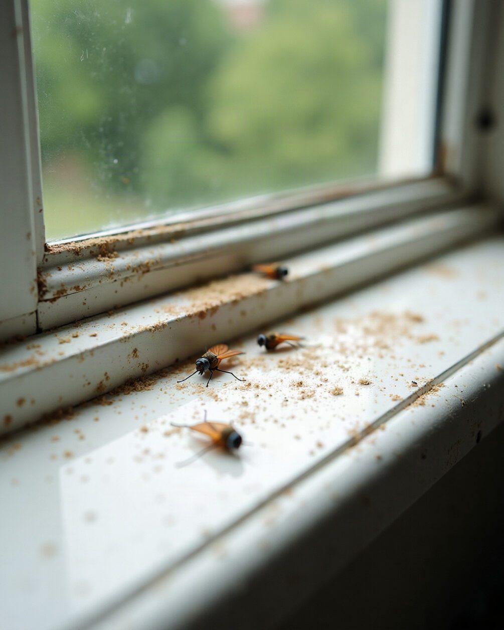 Pale windowsill in spring daylight with a scattering of small discarded insect wings along the paint edge