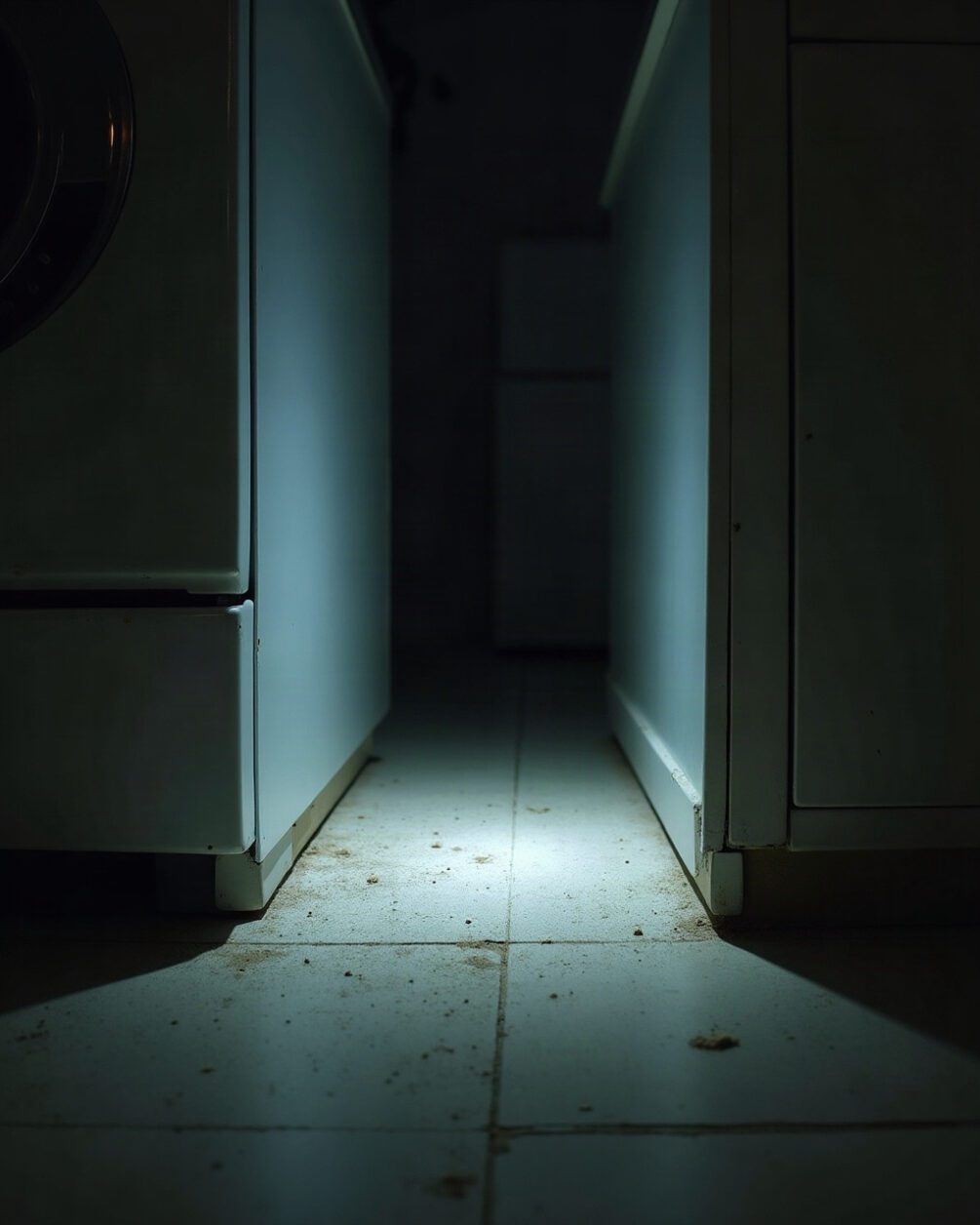 Narrow dark gap between a kitchen appliance and a wall seen from floor level, torch beam angled into the gap