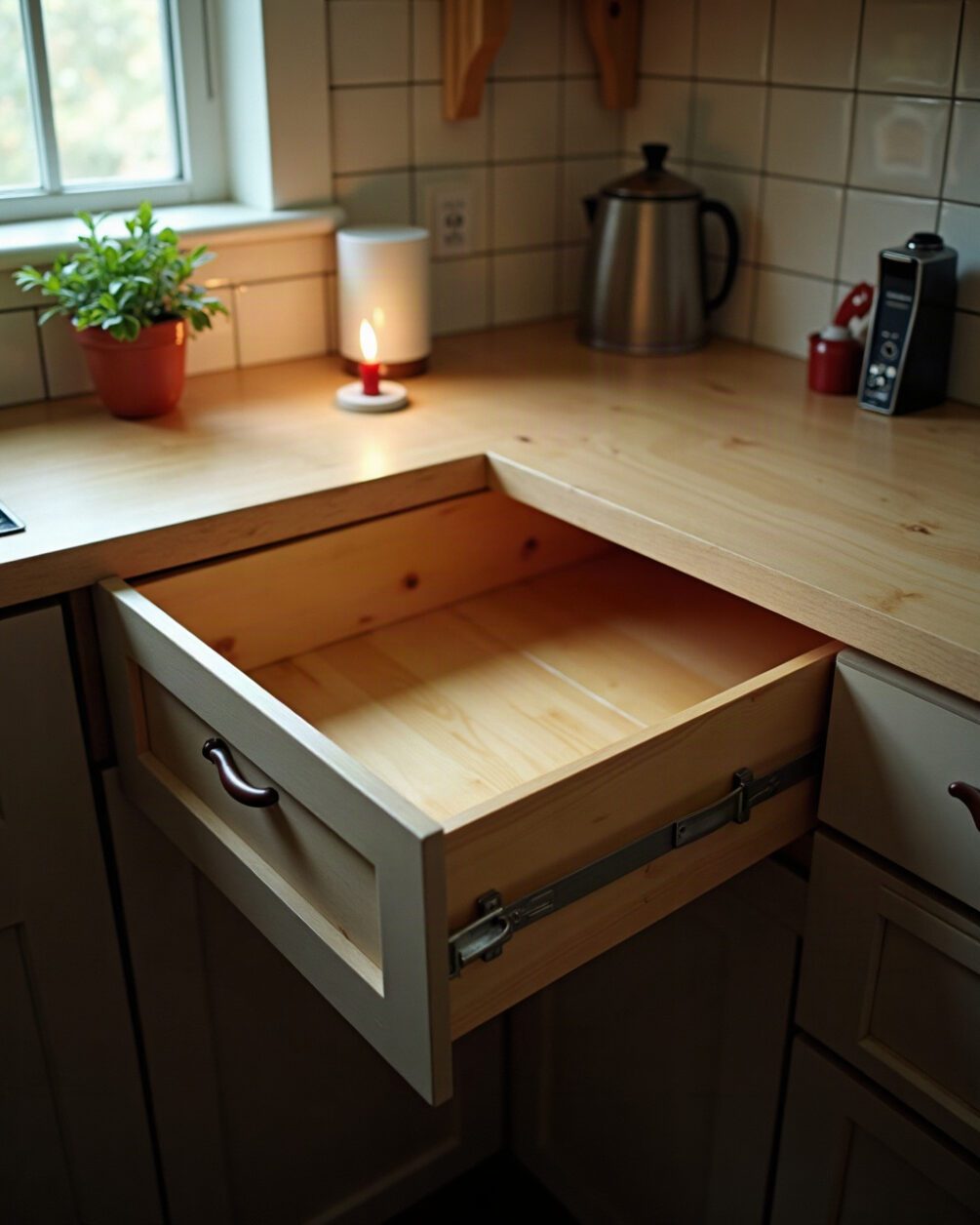 Open kitchen drawer pulled fully out onto a counter showing the empty runner and the corner joints
