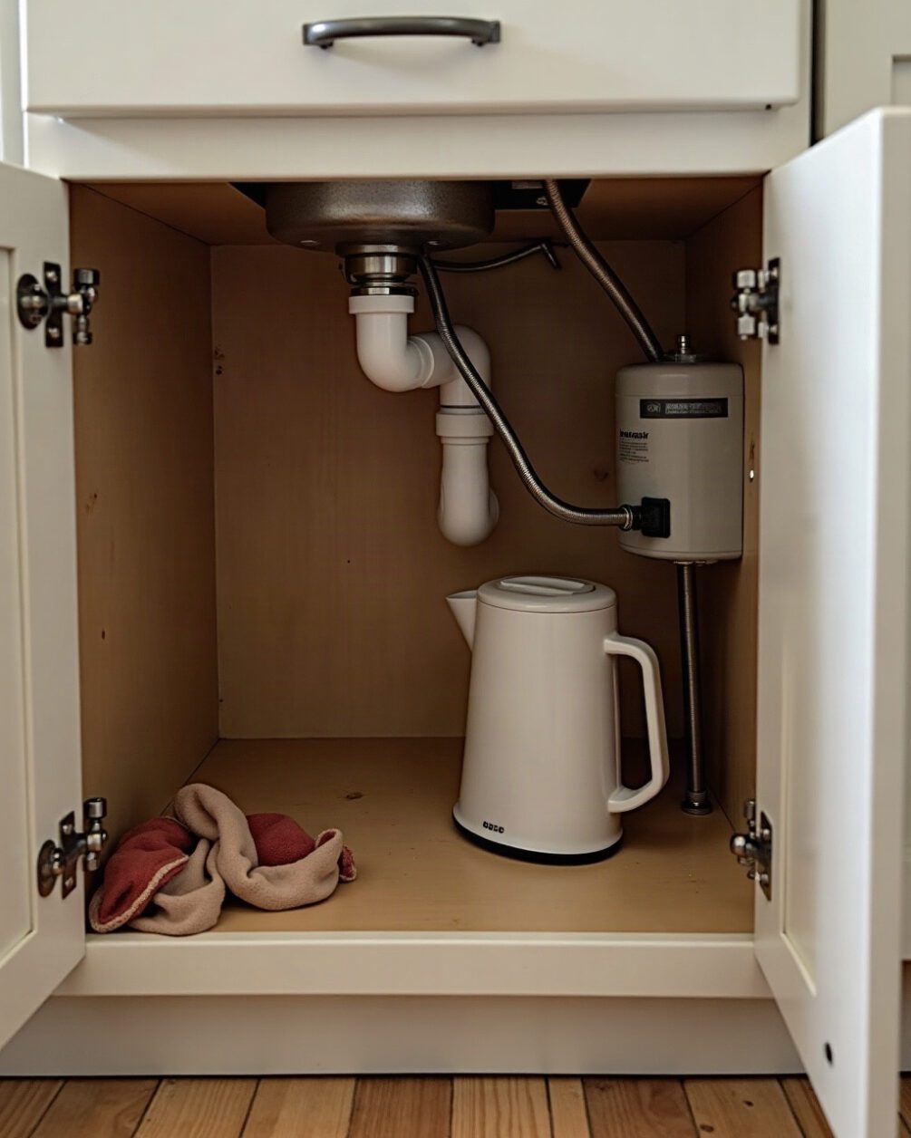 Under-sink cupboard opened to show a pipe joint and a slightly swollen board beneath, cleaning items pushed aside