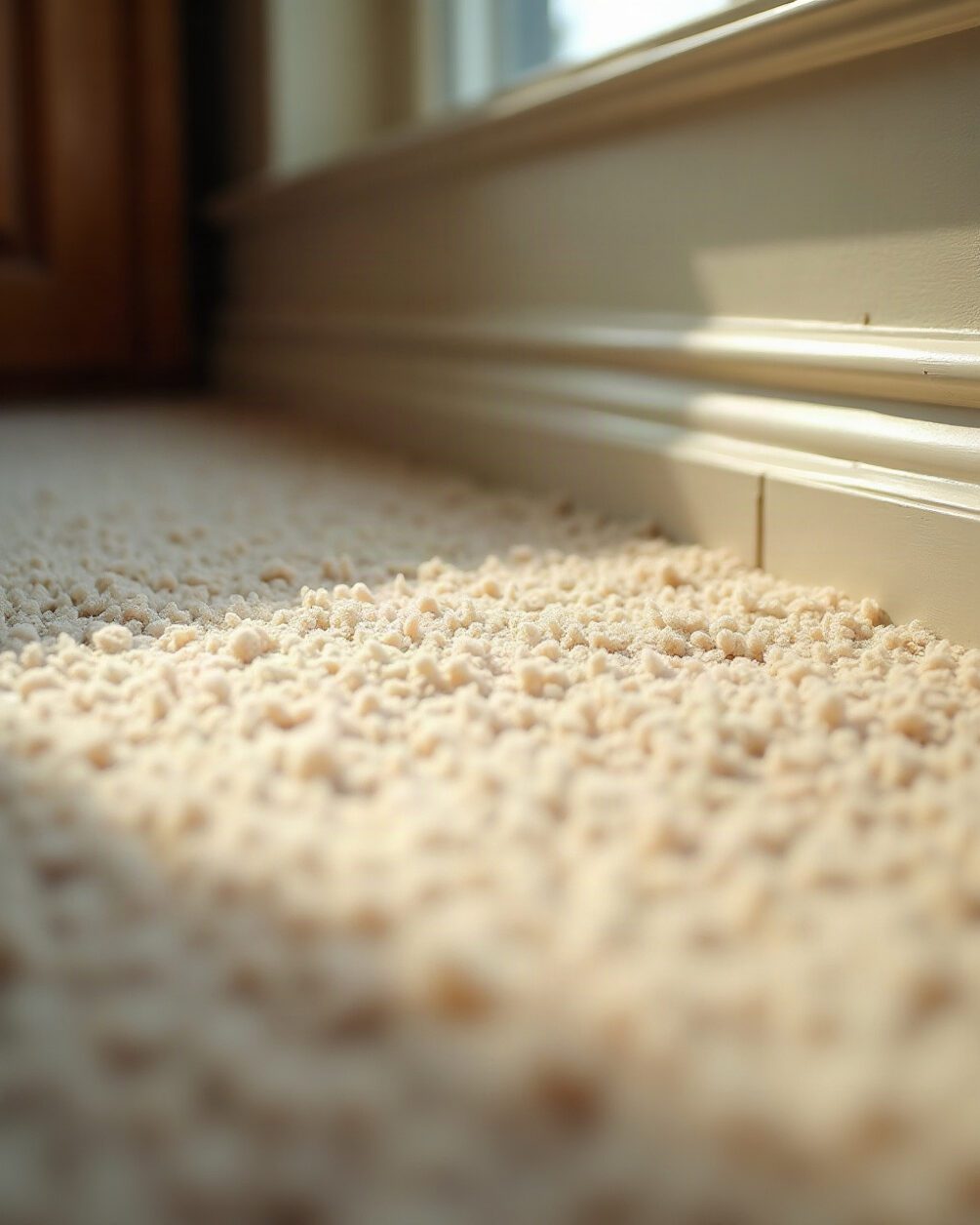 Close view of a pale carpet in raking window light near a skirting board, fine dust and fibre deep in the pile