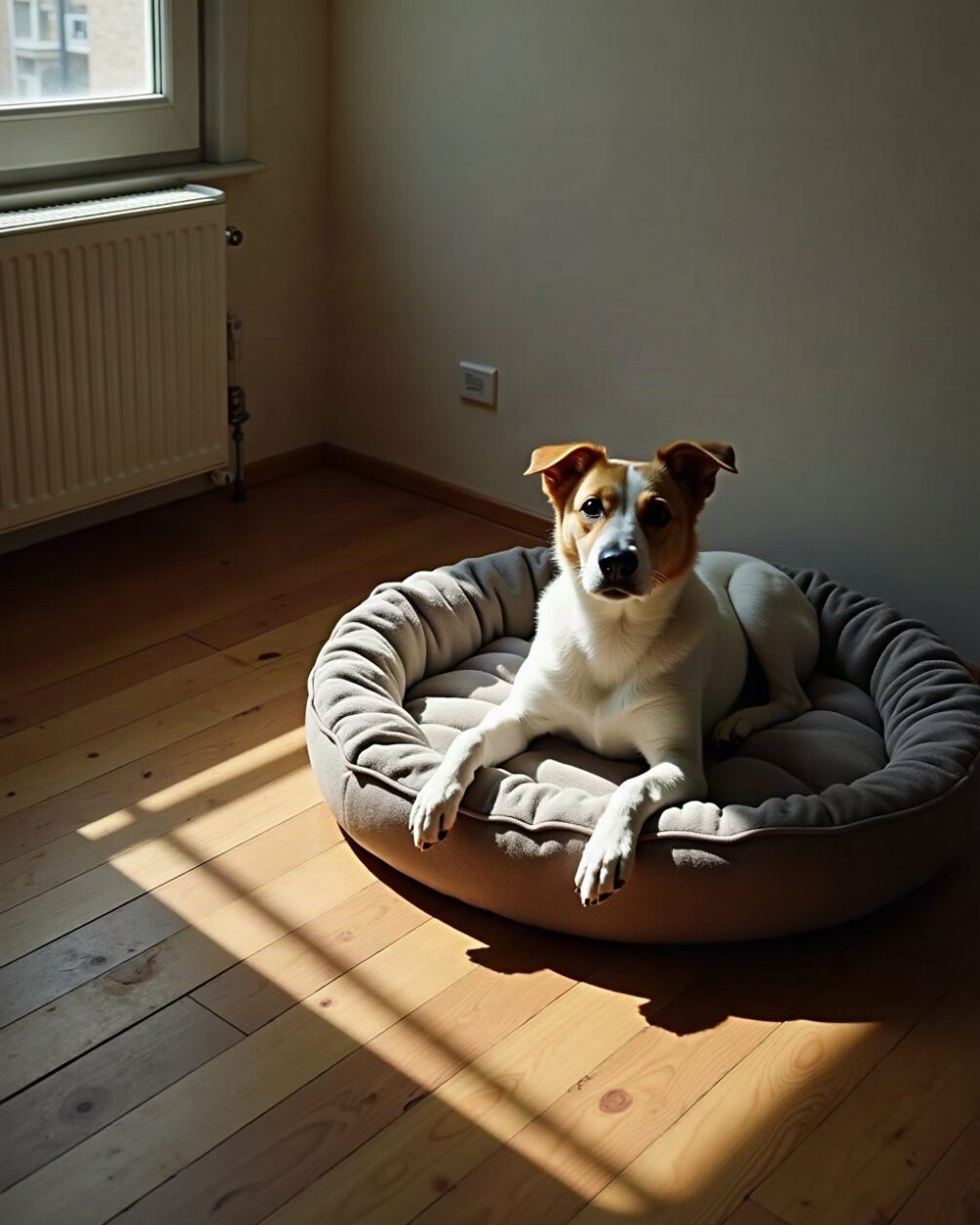 A dog bed and folded blanket on a wooden floor beside a radiator, late afternoon light, plain domestic interior
