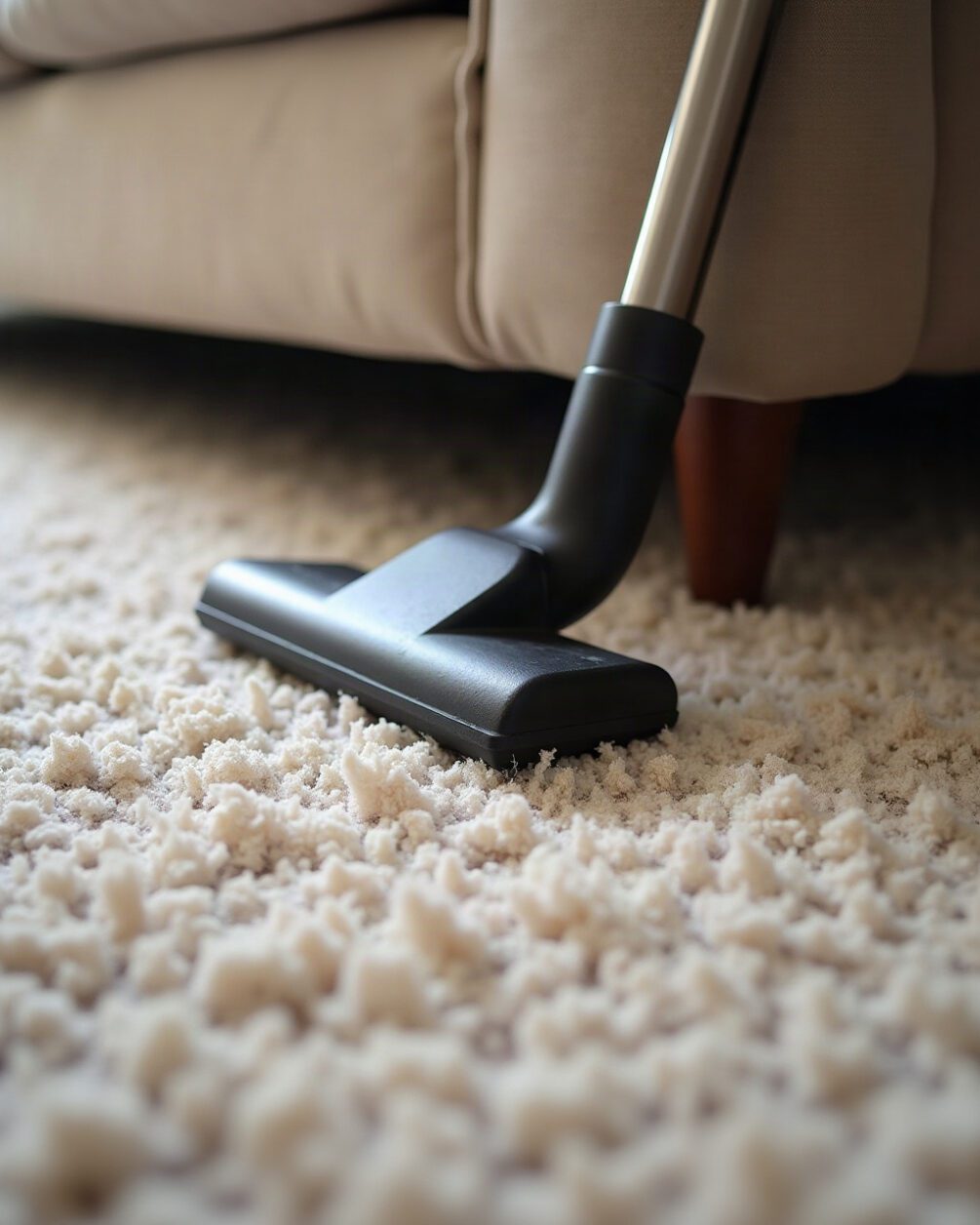 A vacuum cleaner crevice nozzle held at the junction of carpet and skirting board, edge of a sofa leg visible