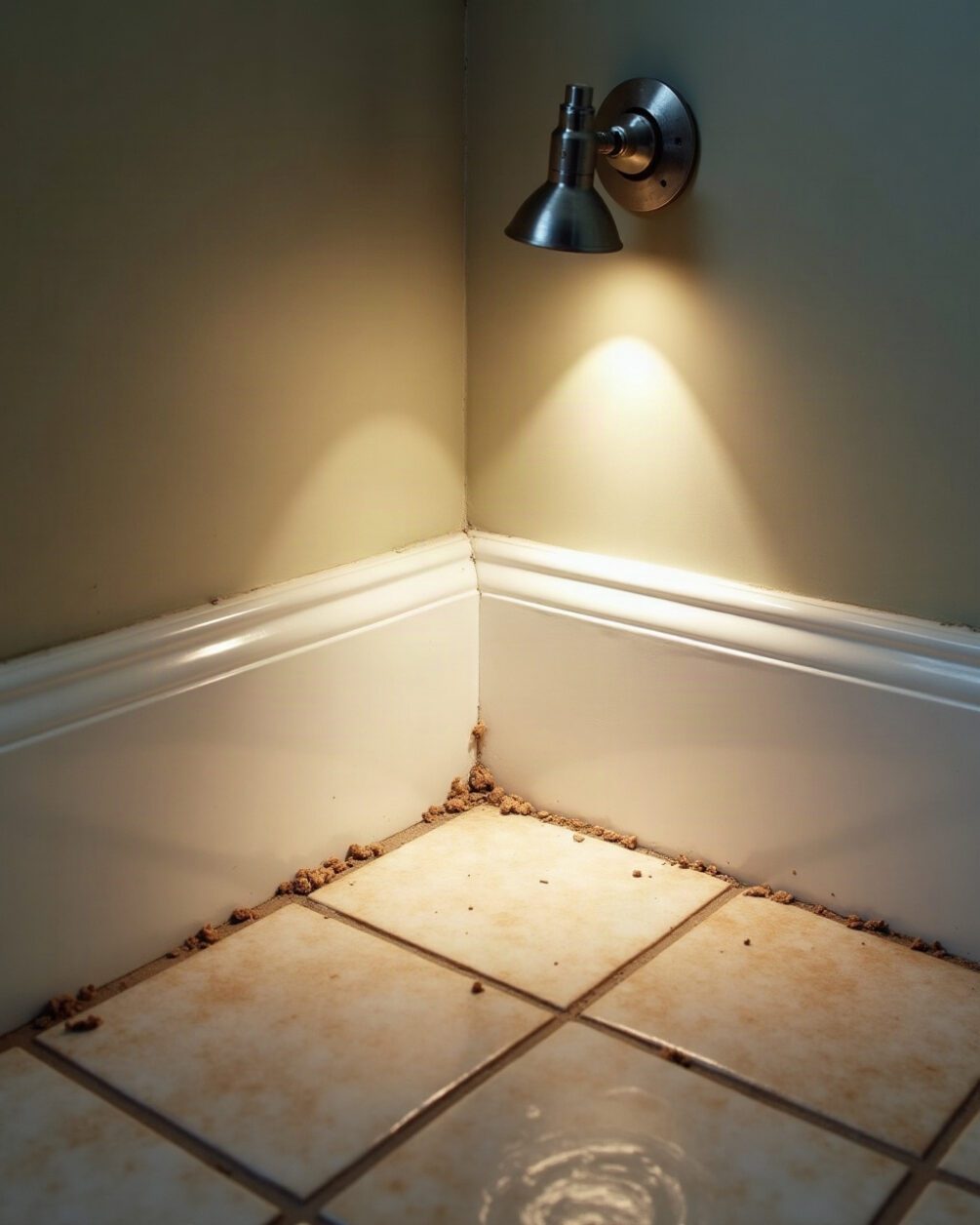 Bathroom skirting board and tiled floor junction under a torch beam, a narrow gap visible at the joint