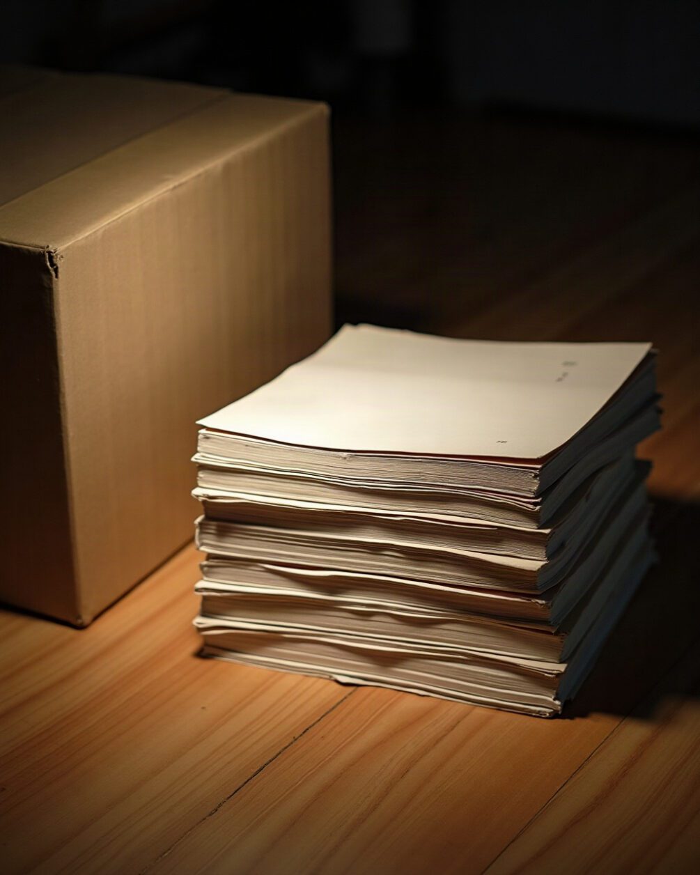 Stack of books lying flat and seen from the page edges beside a plain unmarked cardboard box on a wooden floor