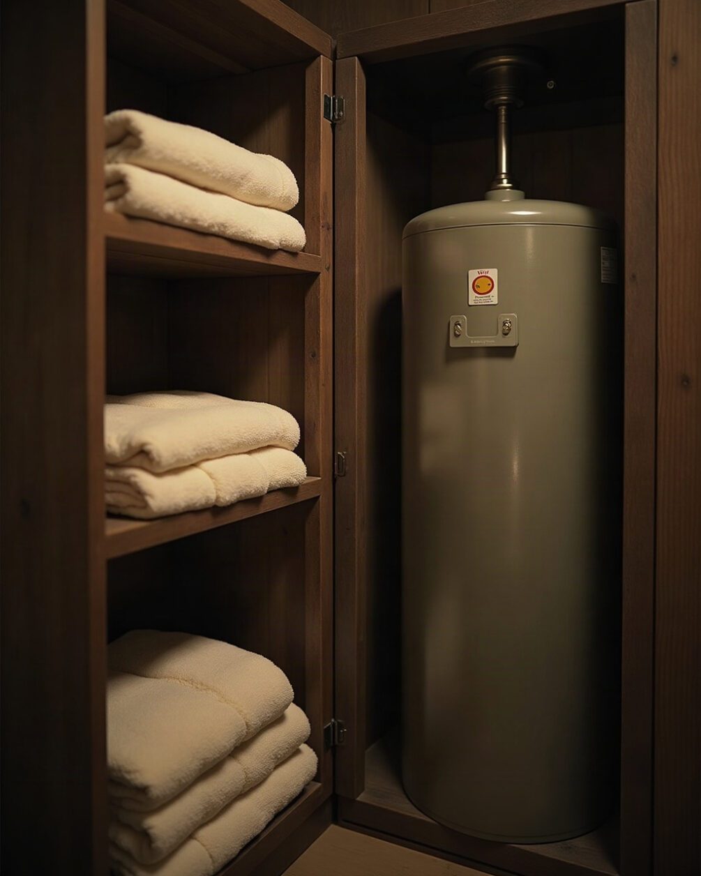 Airing cupboard interior with a hot water cylinder and folded towels on slatted shelves, warm dim light