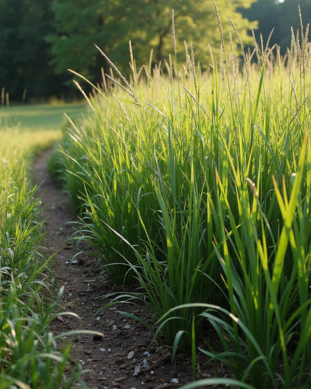 Long grass meeting a woodland edge in late afternoon light, leaf litter visible at the base of the stems
