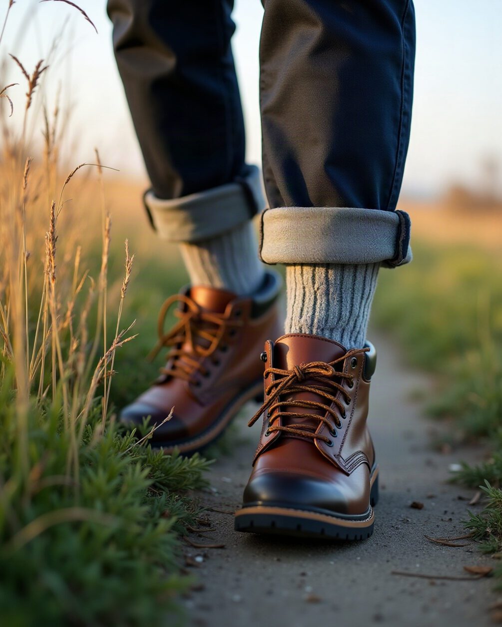 Walking boots and trouser cuffs tucked into socks on a path beside long grass, late afternoon outdoor light