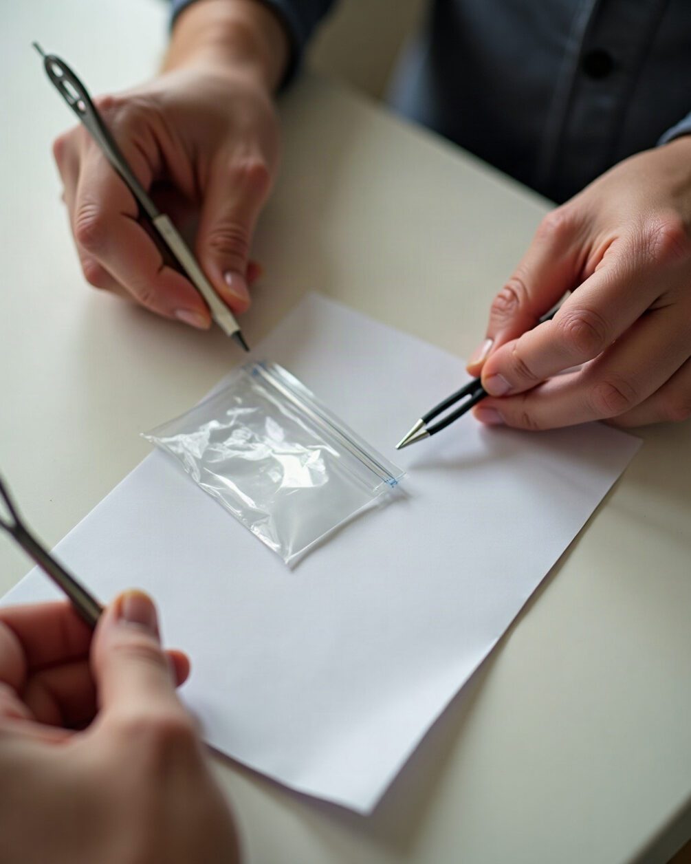 Hands holding fine-tipped tweezers and a small clear zip bag over a sheet of white paper on a table