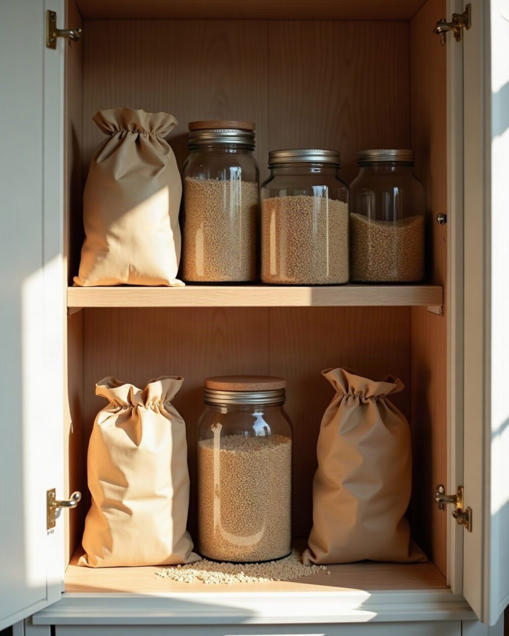 Dry goods stored in glass jars and plain paper bags on a cupboard shelf