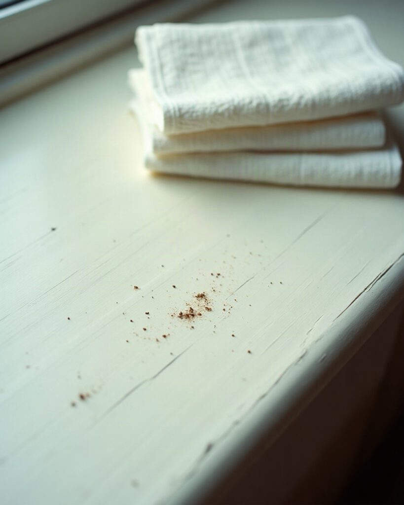 Small dark specks collected along the edge of a painted windowsill